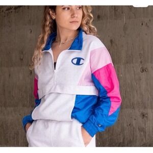 Champion Womens Mixed Media Pullover Pink/Blue/White Sz M